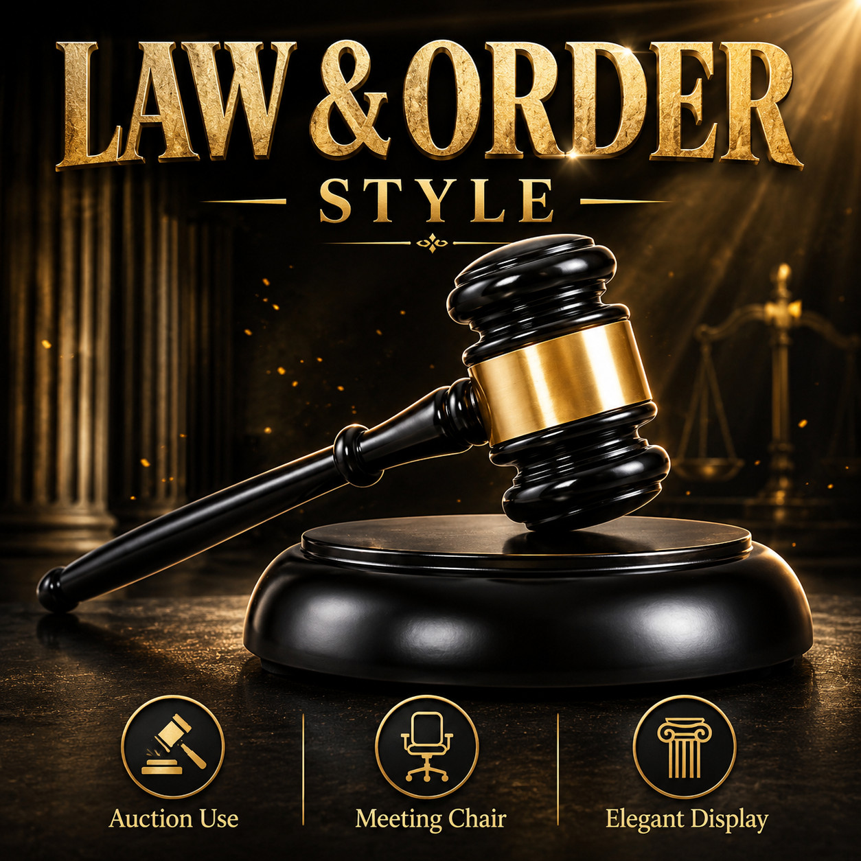 Solid Wood Judge Gavel Set Black Gold Band Round Base Display Auction Decor New