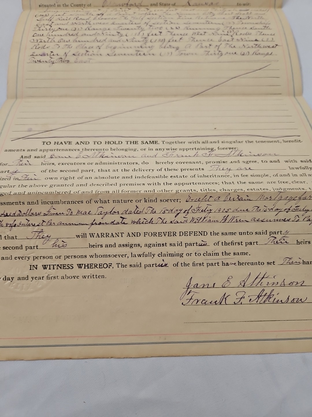 Original antique 1907 McCune KS Crawford County WARRANTY DEED Signed Atkinson