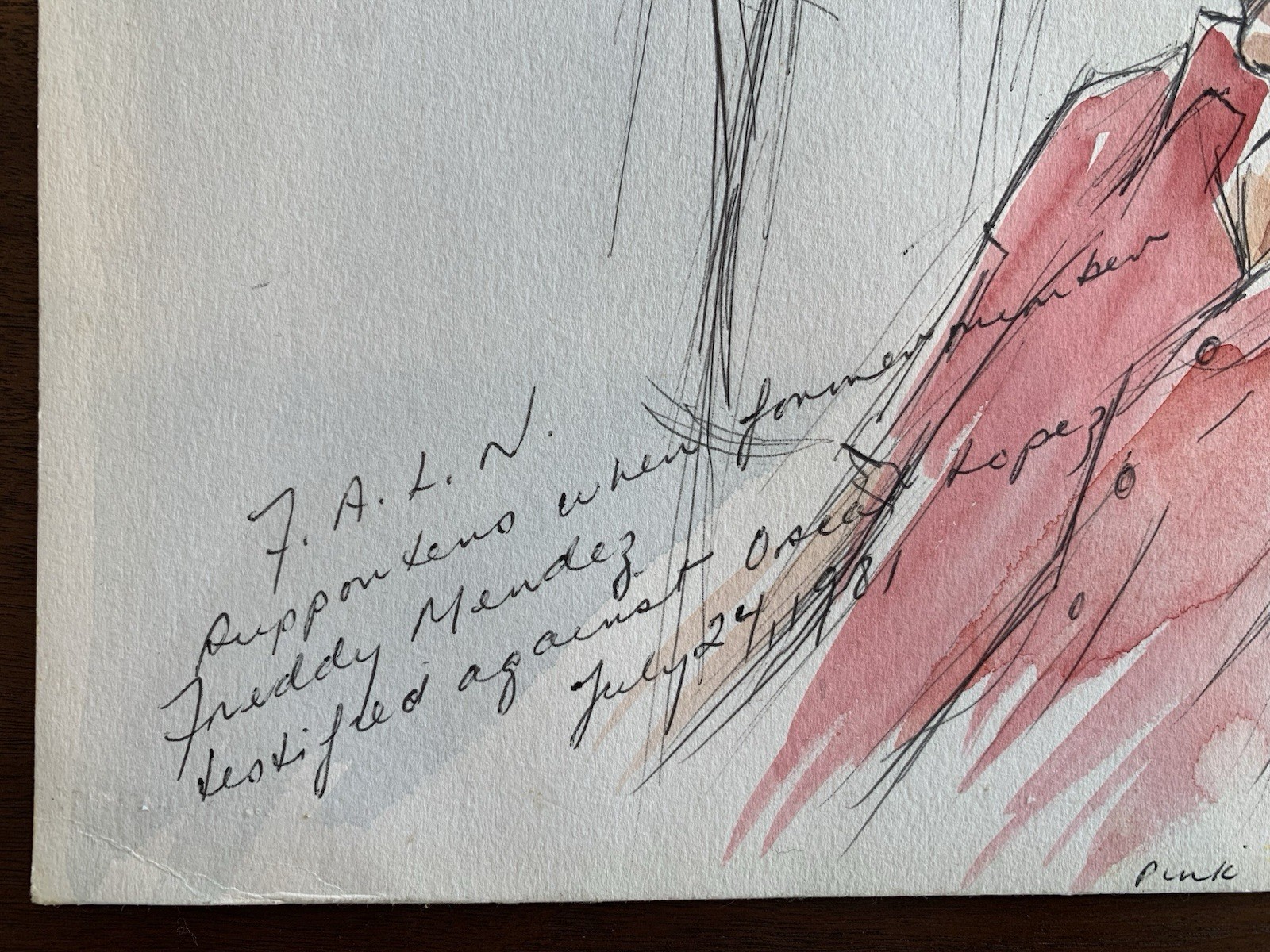Signed Andy Austin Original «F.A.L.N.» 1981 Courtroom Watercolor Sketch Chicago