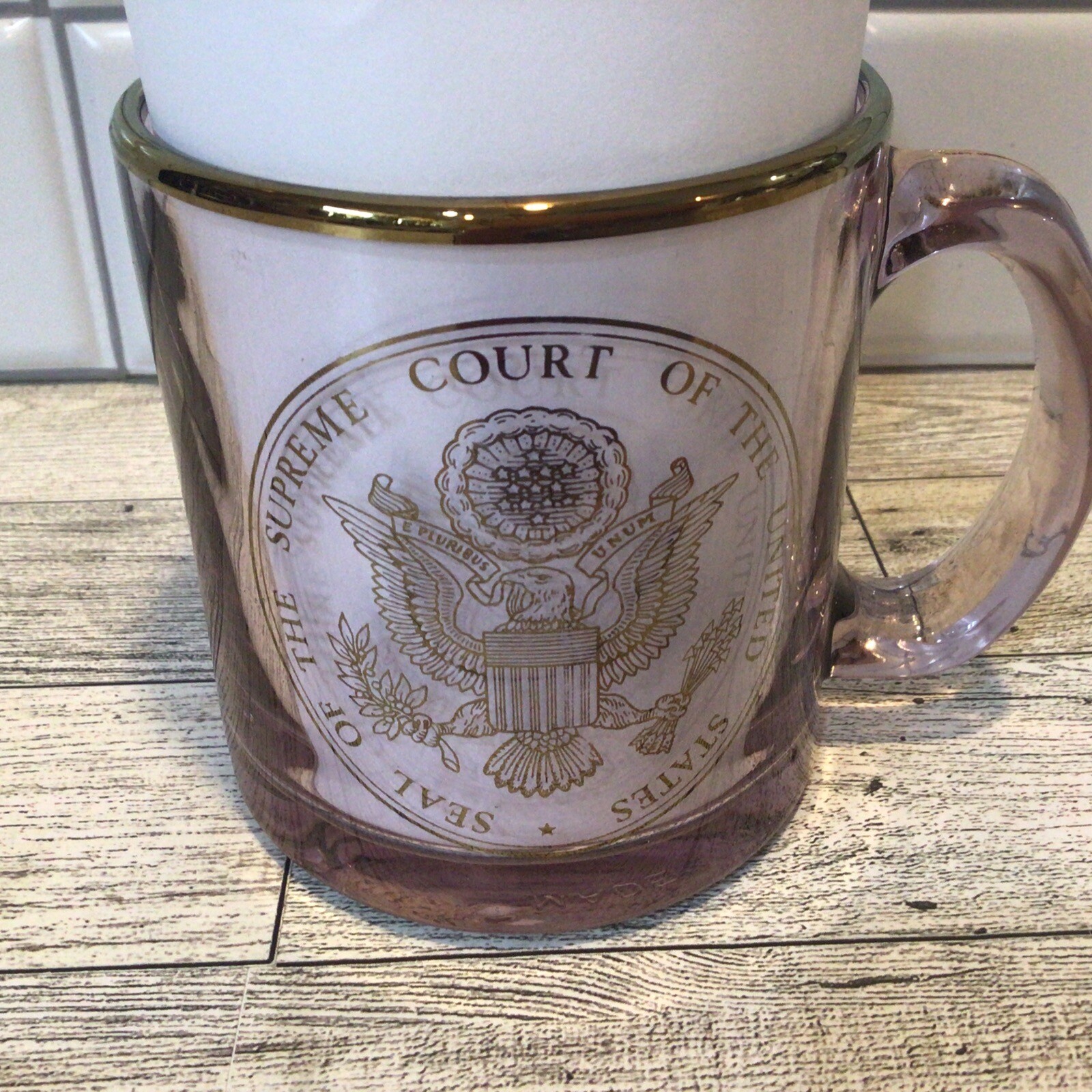 Supreme Court Of The United States Clear Pink GLASS Coffee Mug Gold Trim USA