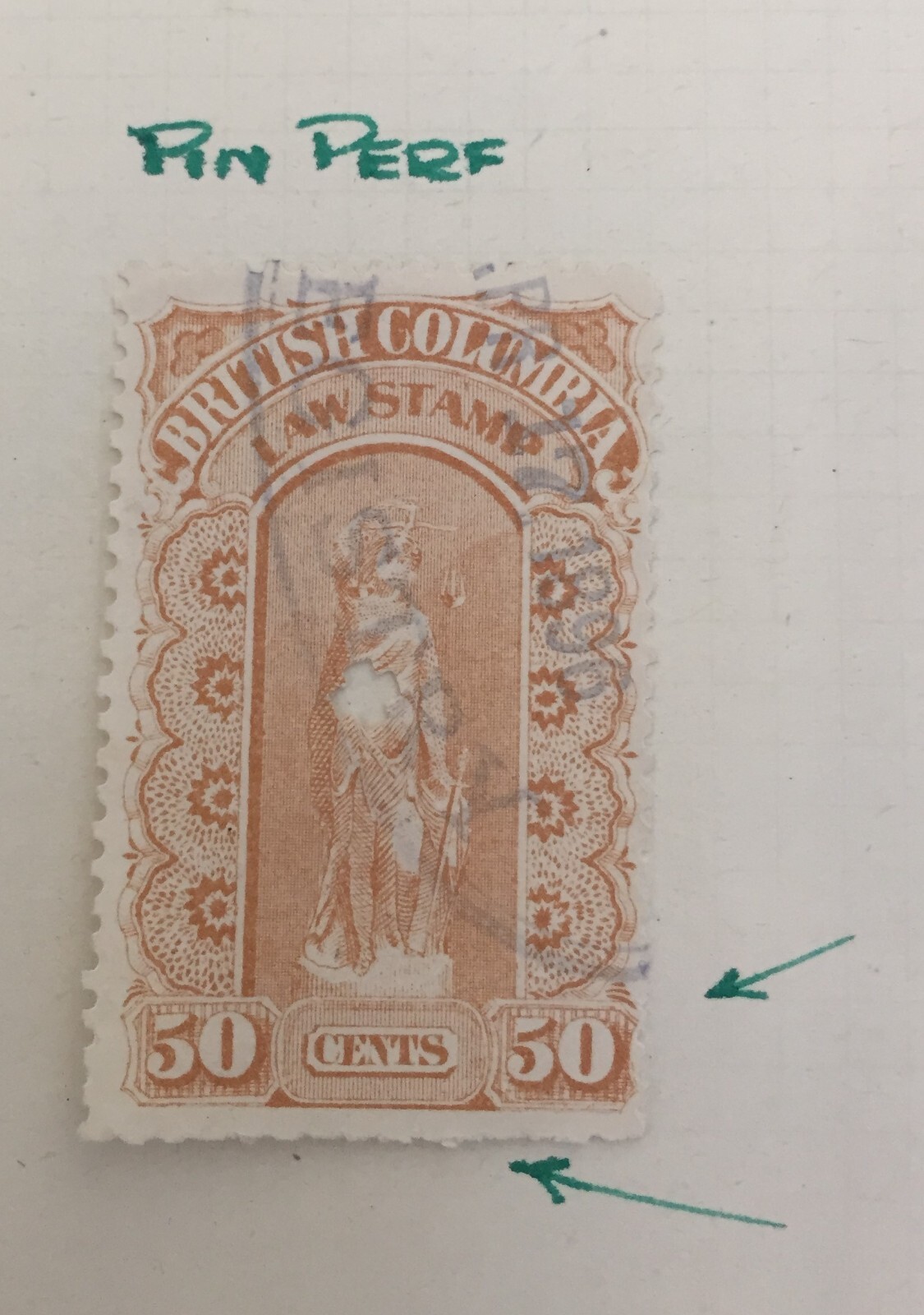 Lot of 2 British Columbia Canada 1891 1901 Law Revenue Stamps – Pin Perf 50 cent