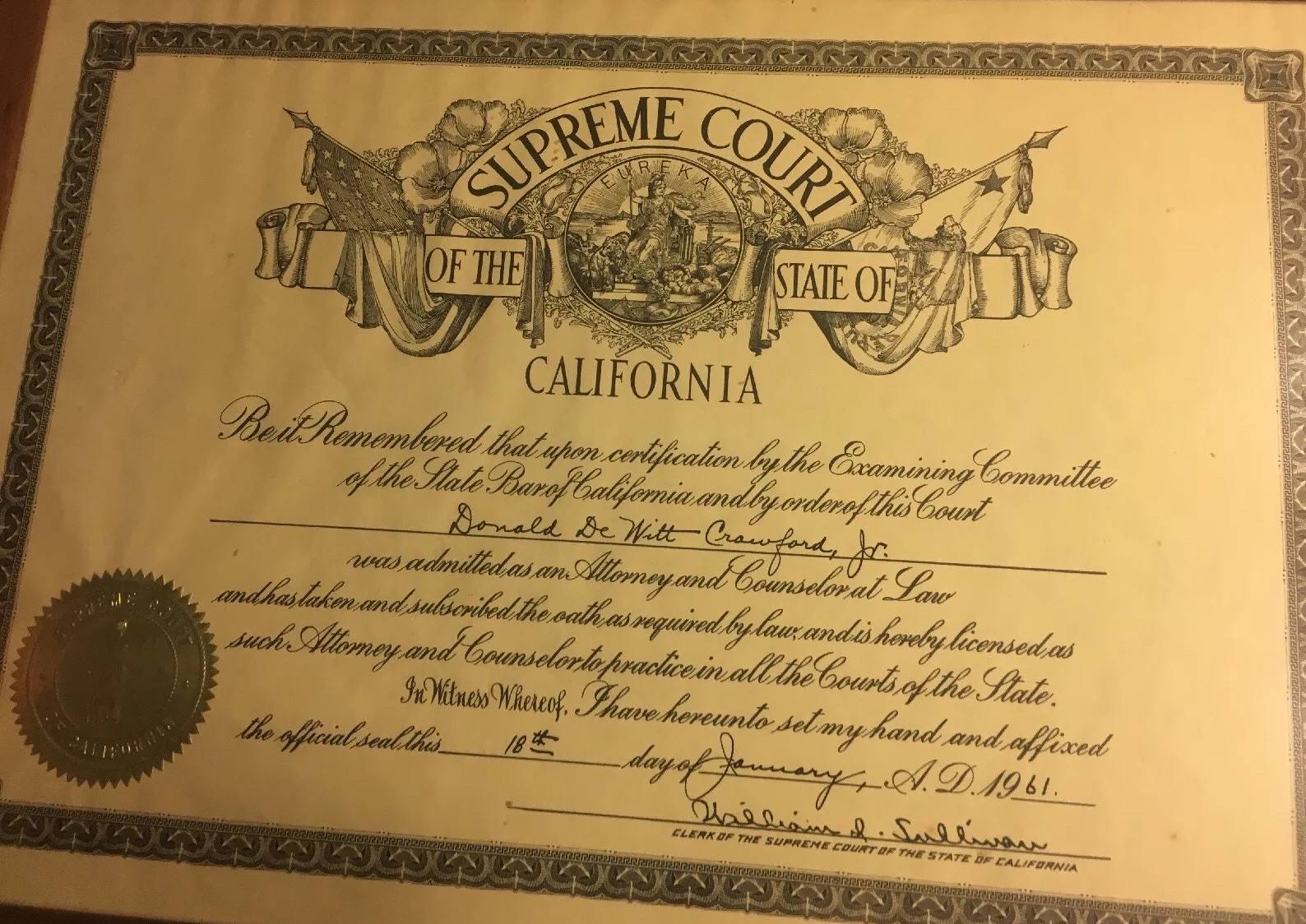 Vintage State Of California Supreme Court Certificate , Comes In Original Frame