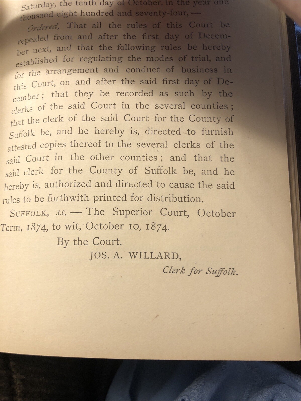 1874 BOOK – RULES Of The Superior Court Boston Suffolk Co Jos. A. Willard Clerk