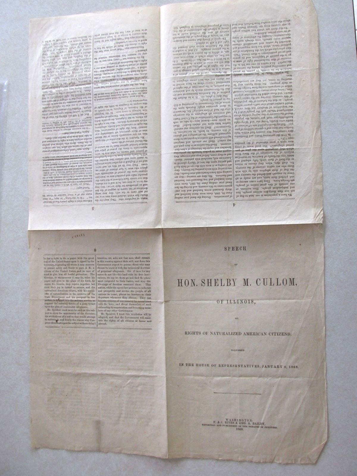 Antique 1868 Speech Cullom IL Illinois Rights of Naturalized American Citizens