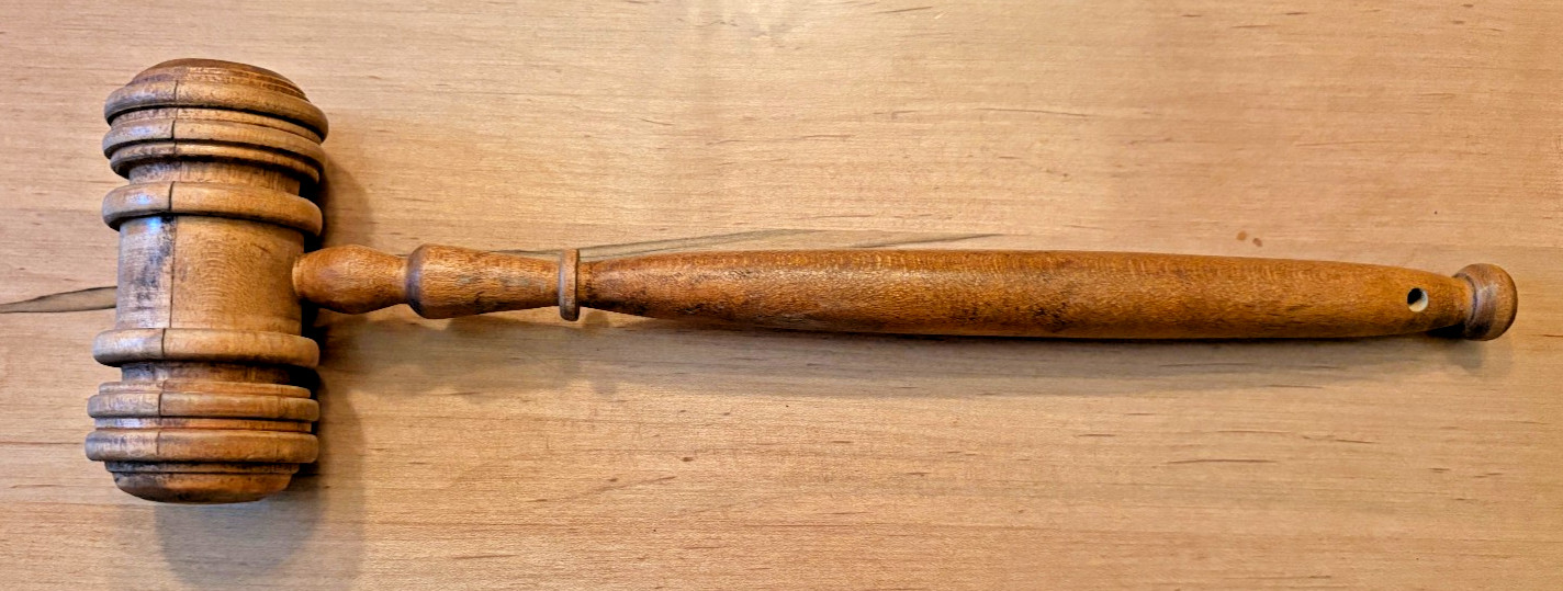 Vintage 12 Inch Wooden Gavel Auctioneer Mallet w/ Hole for Hanging on Wall
