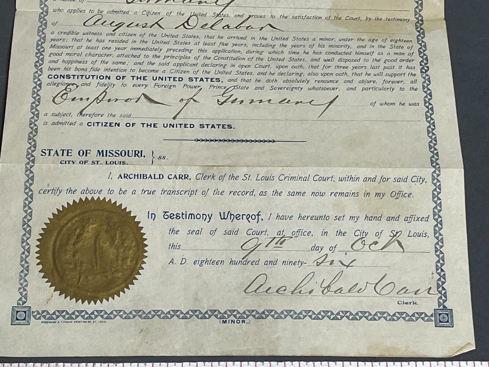 1896 Missouri UNITED STATES CITIZENSHIP Certificate Document German 44 Star Flag