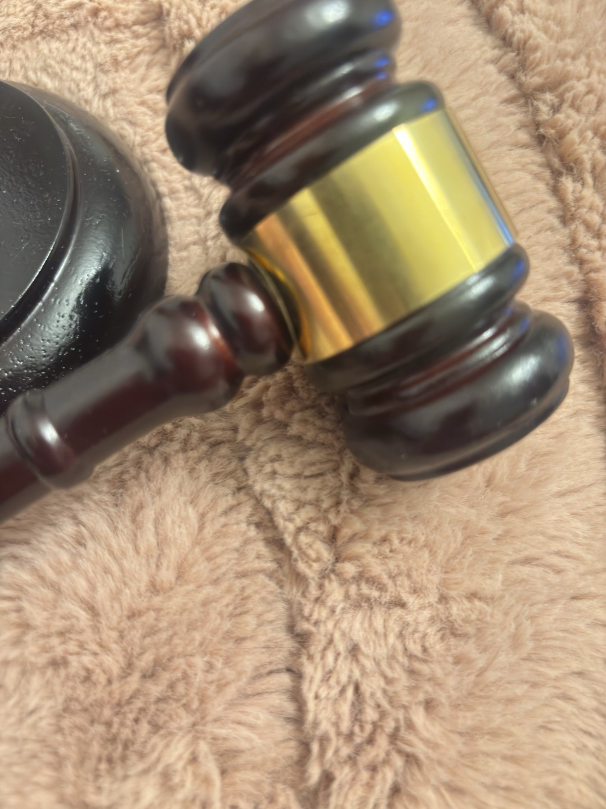 Dark Wood Judge’s Gavel with Sound Block Gold Band Legal Collectible