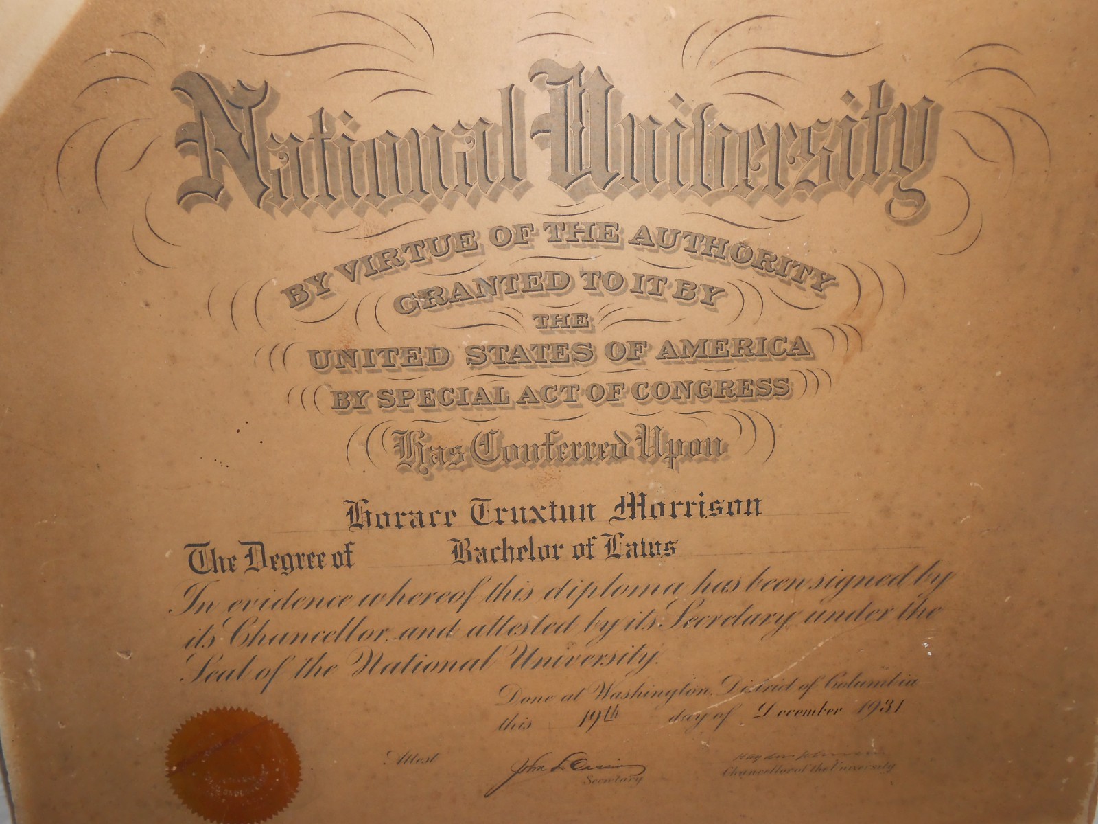 Antique Vintage 1931 NATIONAL UNIVERSITY LAW DEGREE Horace Truxton Morrison
