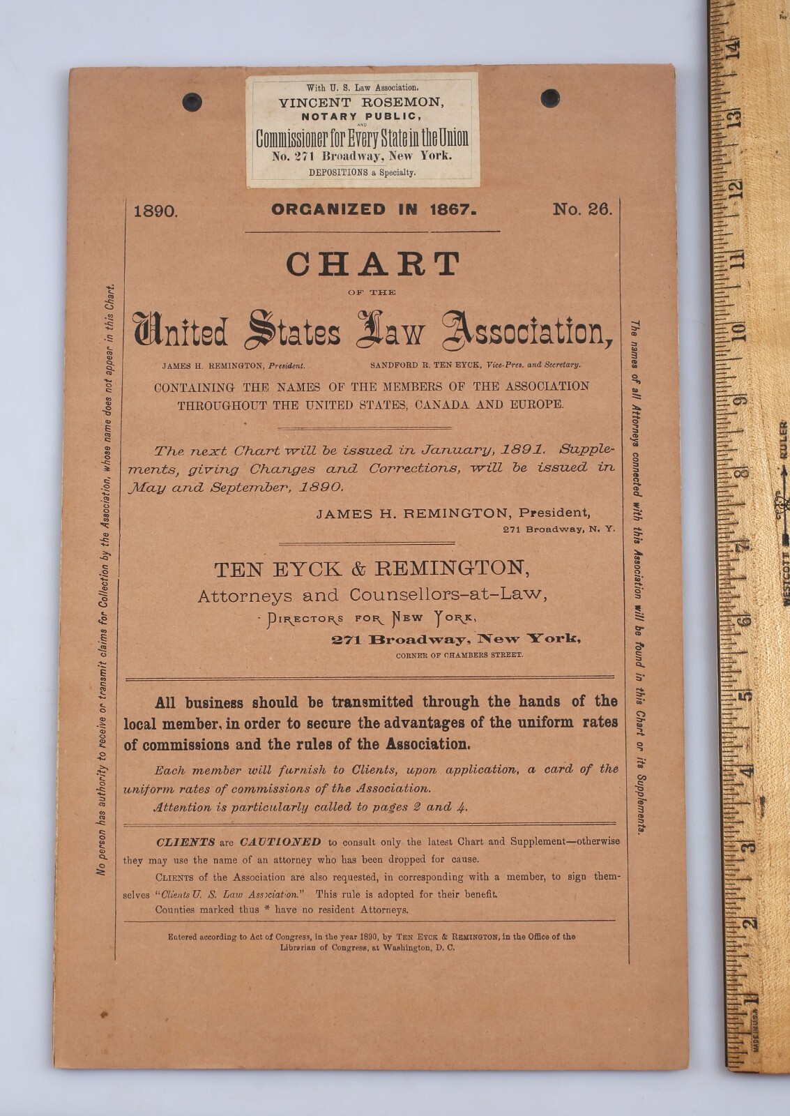 Vintage 1890 United States Law Association Membership Lawyer Roster Chart