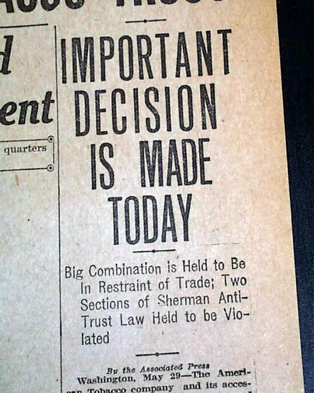 UNITED STATES SUPREME COURT v. American Tobacco Co. Case DECISION 1911 Newspaper