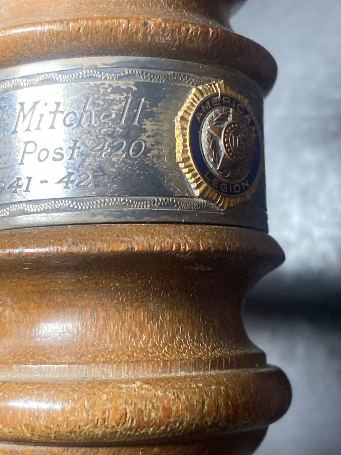 Vtg Wooden Walnut Gavel 8 1/2” Engraved To Write A Mitchell 1941 American Legion