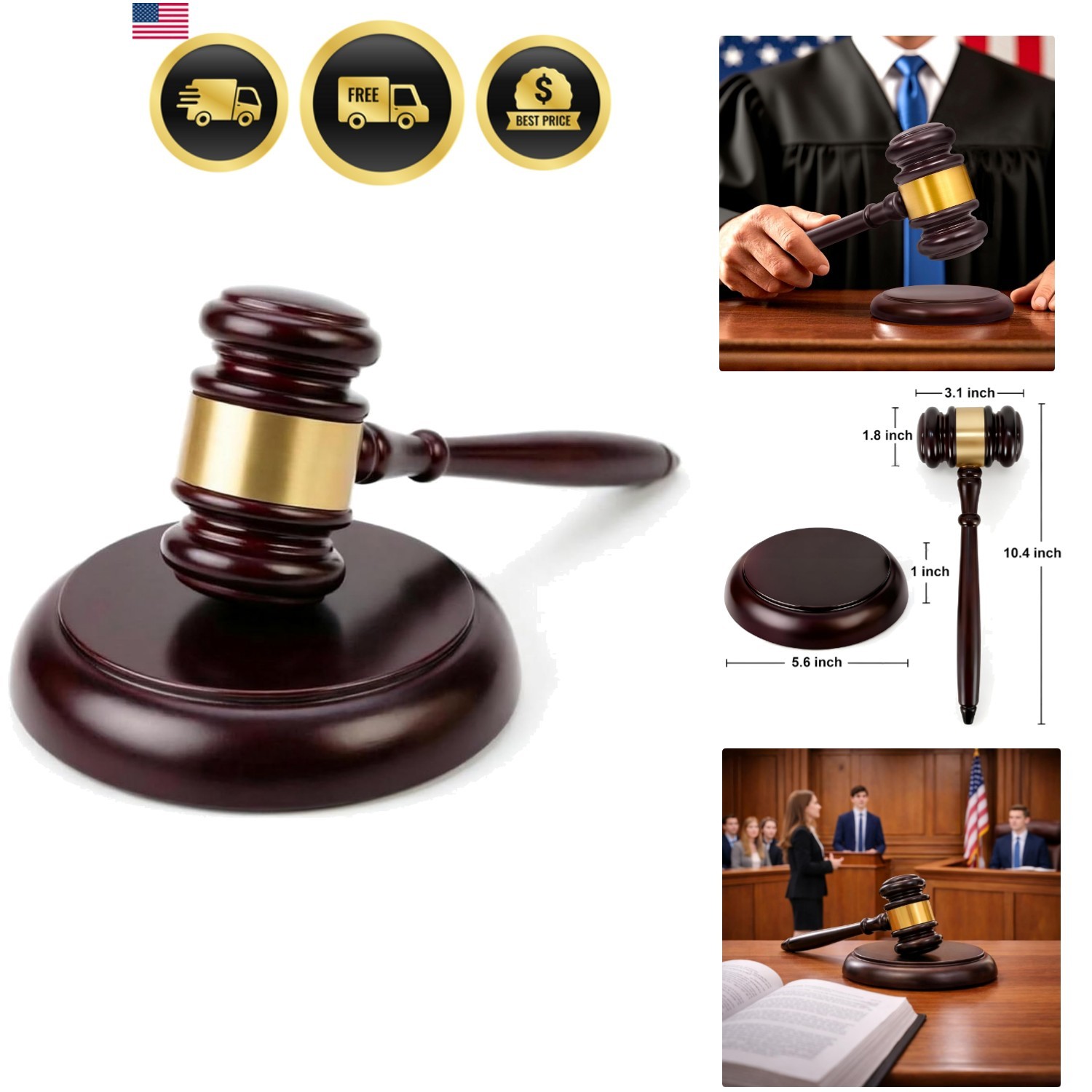 Wooden Gavel with Sound Block Set, Solid Wood Judge Gavel Set, Loud Clear Str…