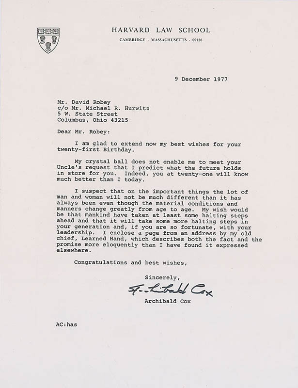 ARCHIBALD COX – TYPED LETTER SIGNED 12/09/1977