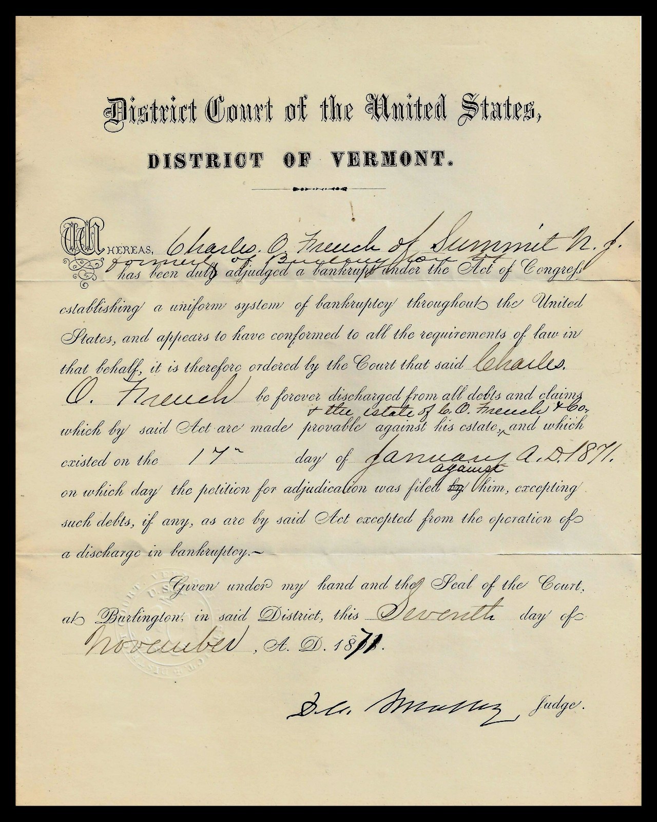 District Court of the United States. District of VERMONT. November, 1871 (BI#51)