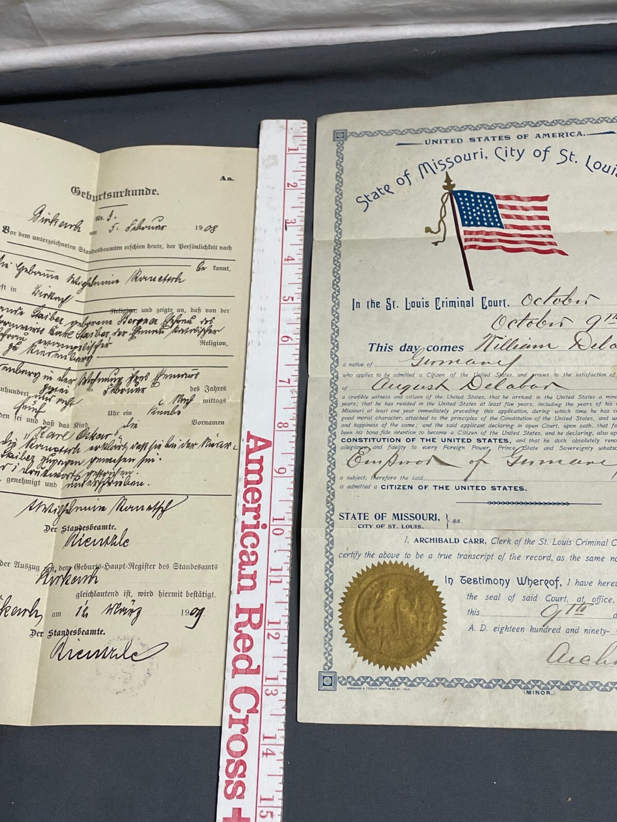 1896 Missouri UNITED STATES CITIZENSHIP Certificate Document German 44 Star Flag