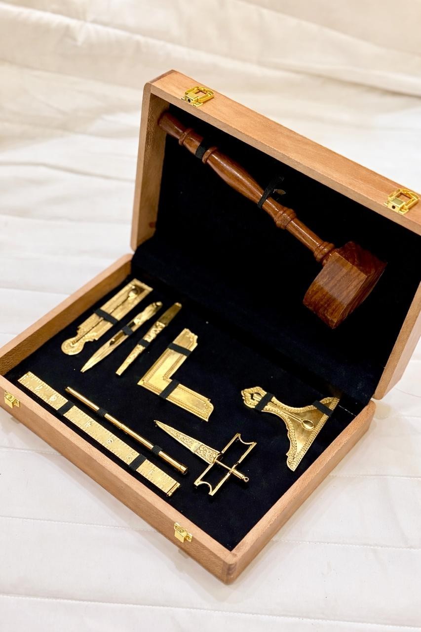 Wooden Judge Gavel Desk Set with Brass Accessories in Presentation Box