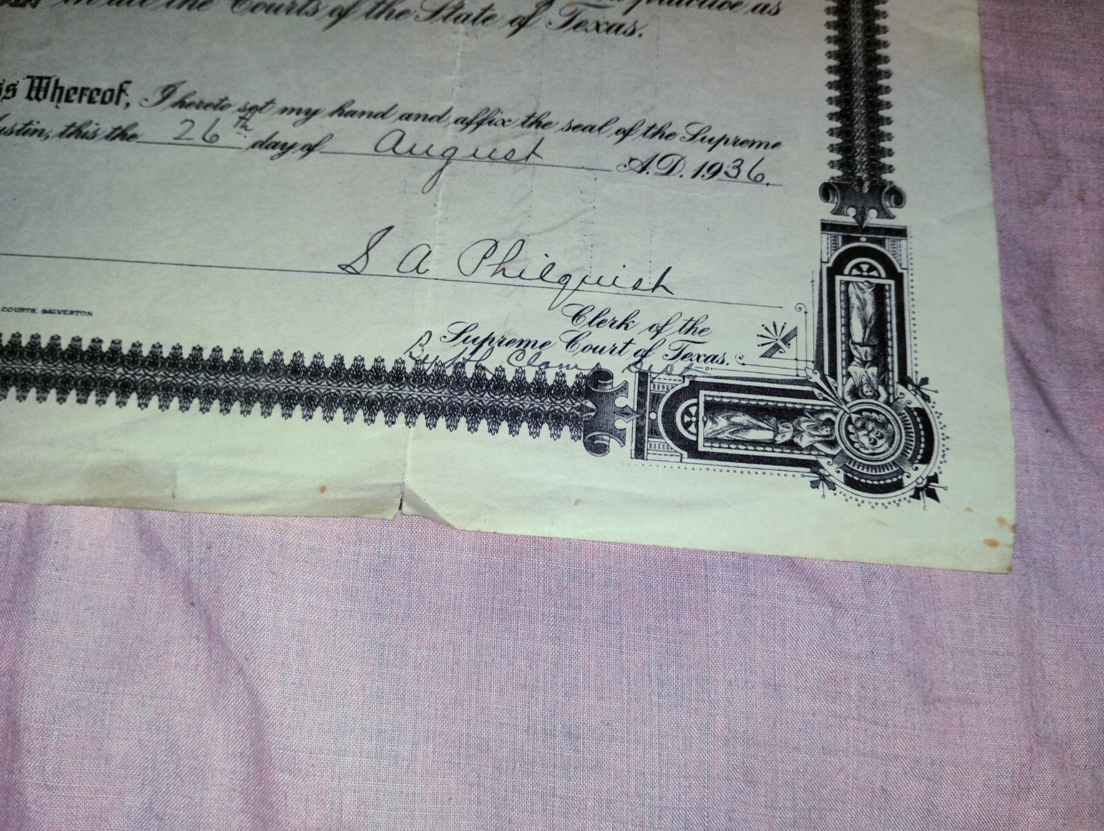 Original 1936 Supreme Court Of Texas State Bar Certificate w SEAL w Signatures