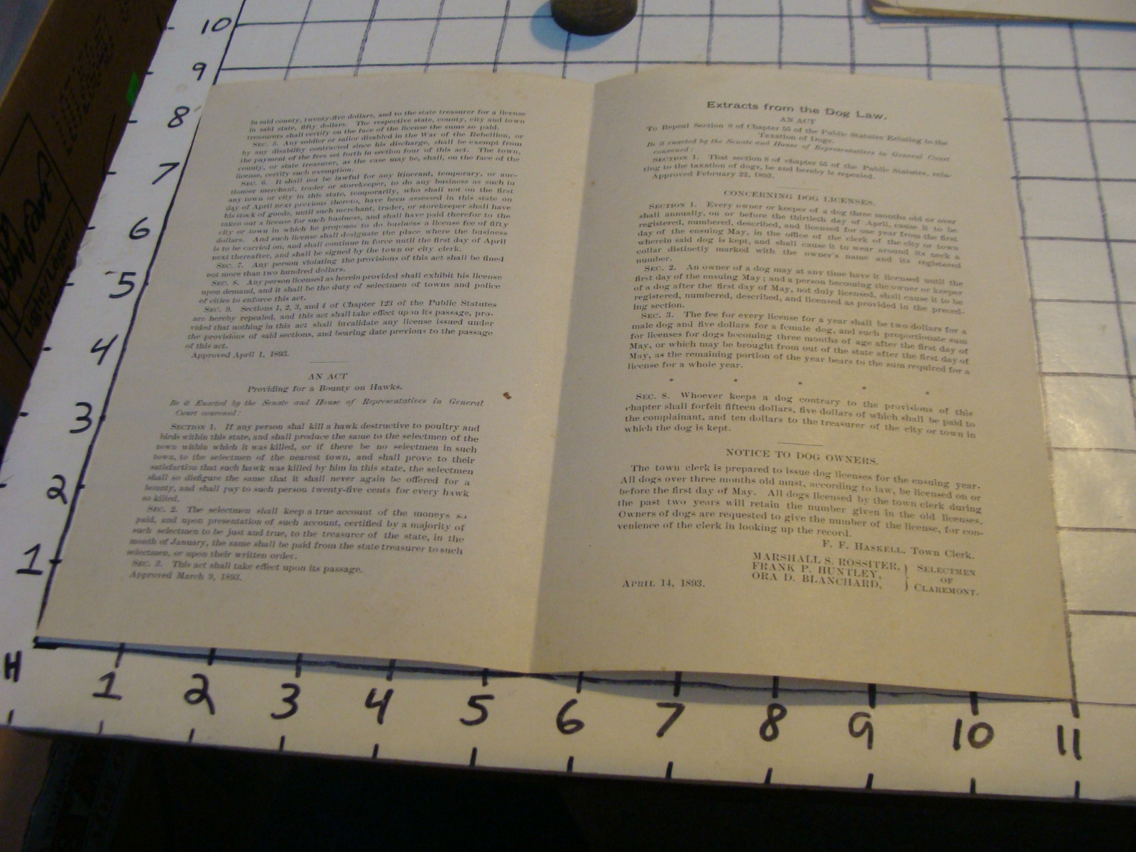 Vintage paper: Extracts from State Laws, 1893, Claremont, re: Dog Law; Hawkers