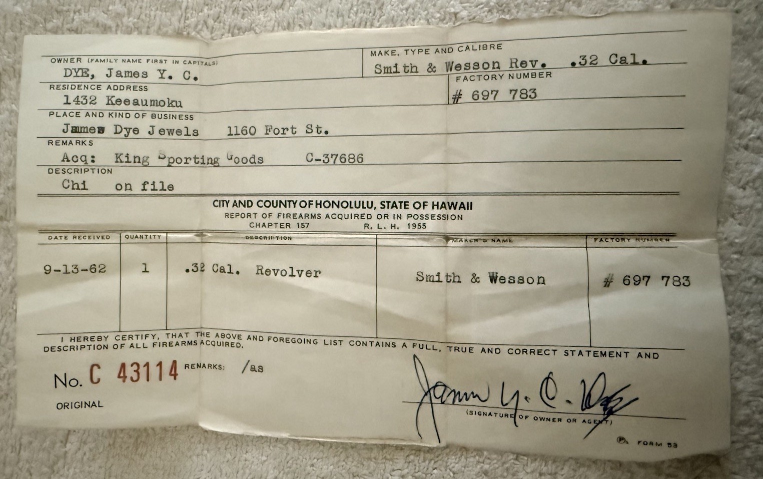 1962 Hawaii Firearms Registration Document – Smith & Wesson .32 Revolver