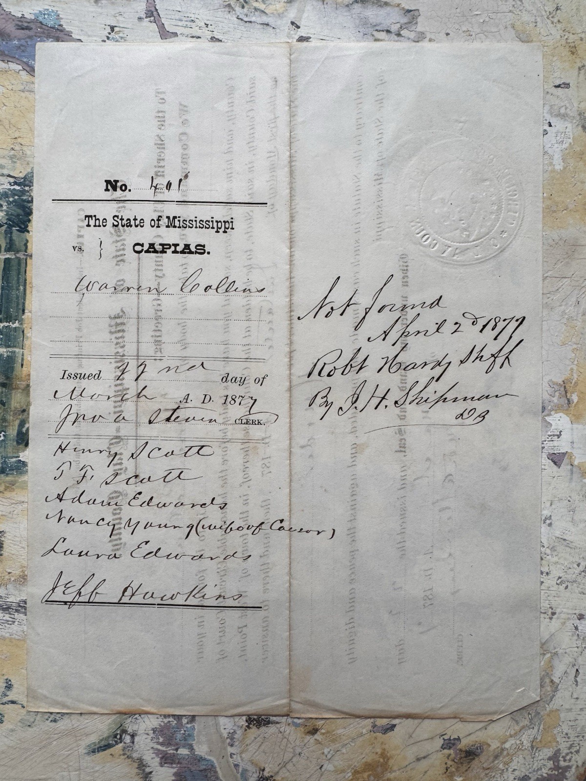 1877 Mississippi Murder Arrest Warrant | Clay County Capias | Original Document