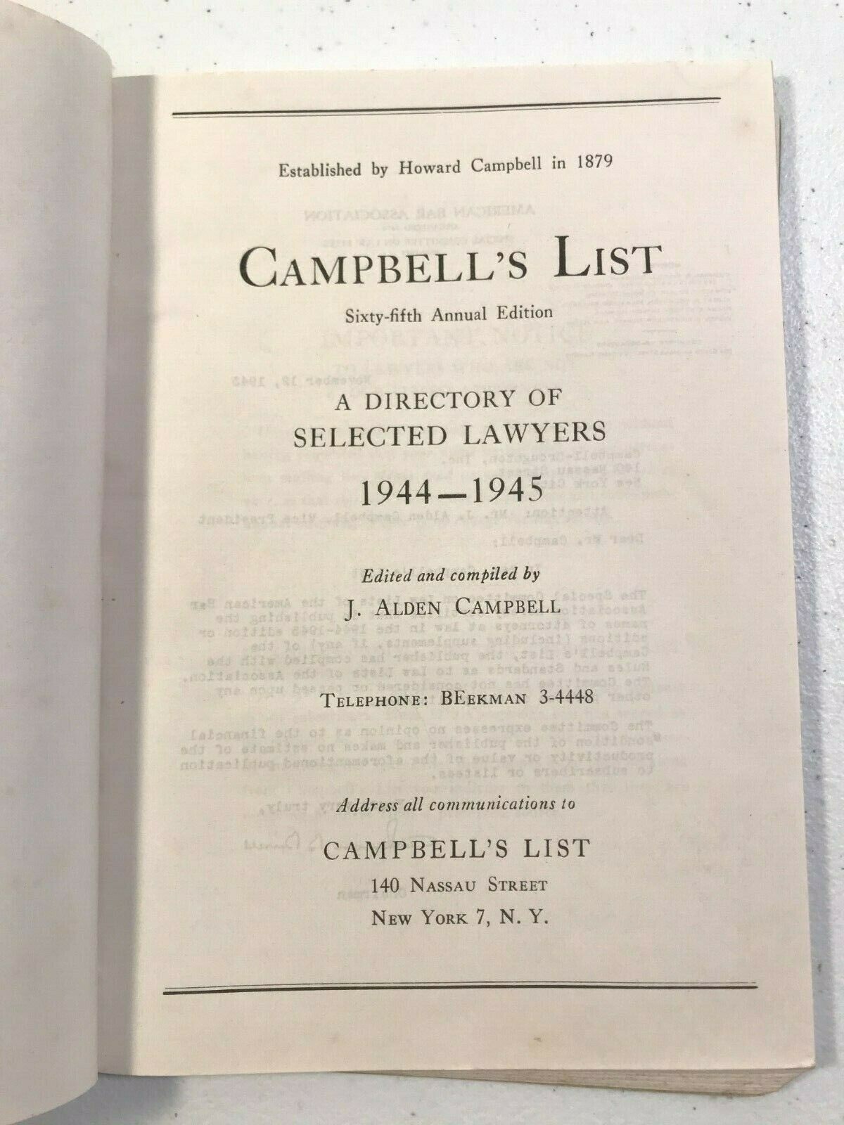 1944-1945 Campbell’s List – Directory of Selected Lawyers, USA Canada attorneys