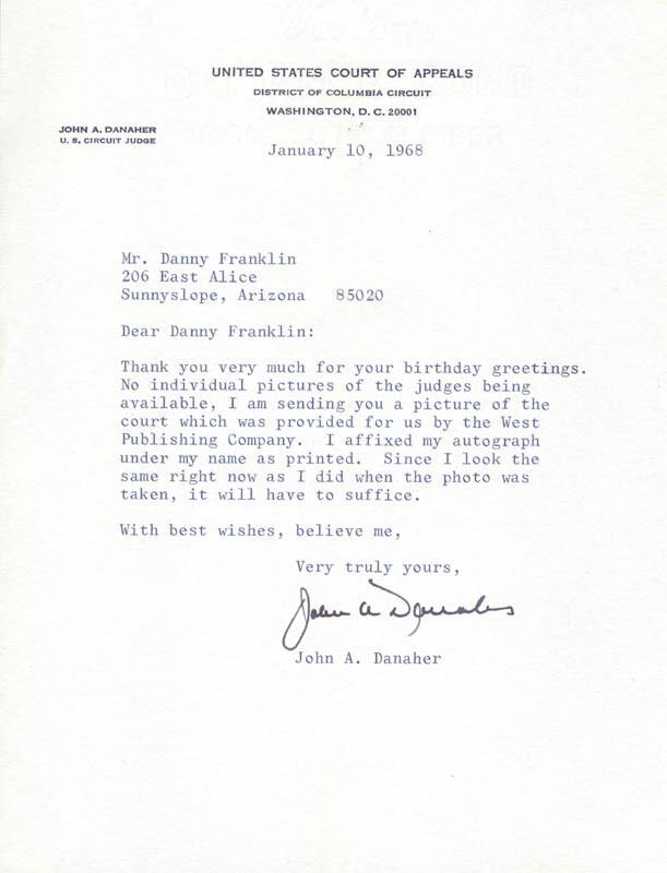 JOHN A. DANAHER – TYPED LETTER SIGNED 01/10/1968