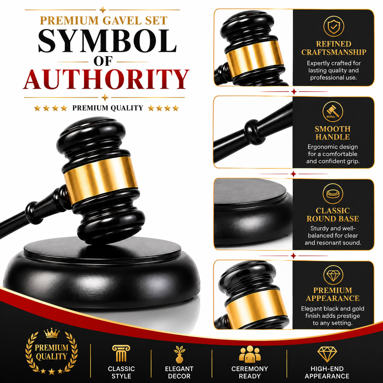 Premium Judge Gavel Hammer with Sound Block Base Black Gold Desk Decor Set
