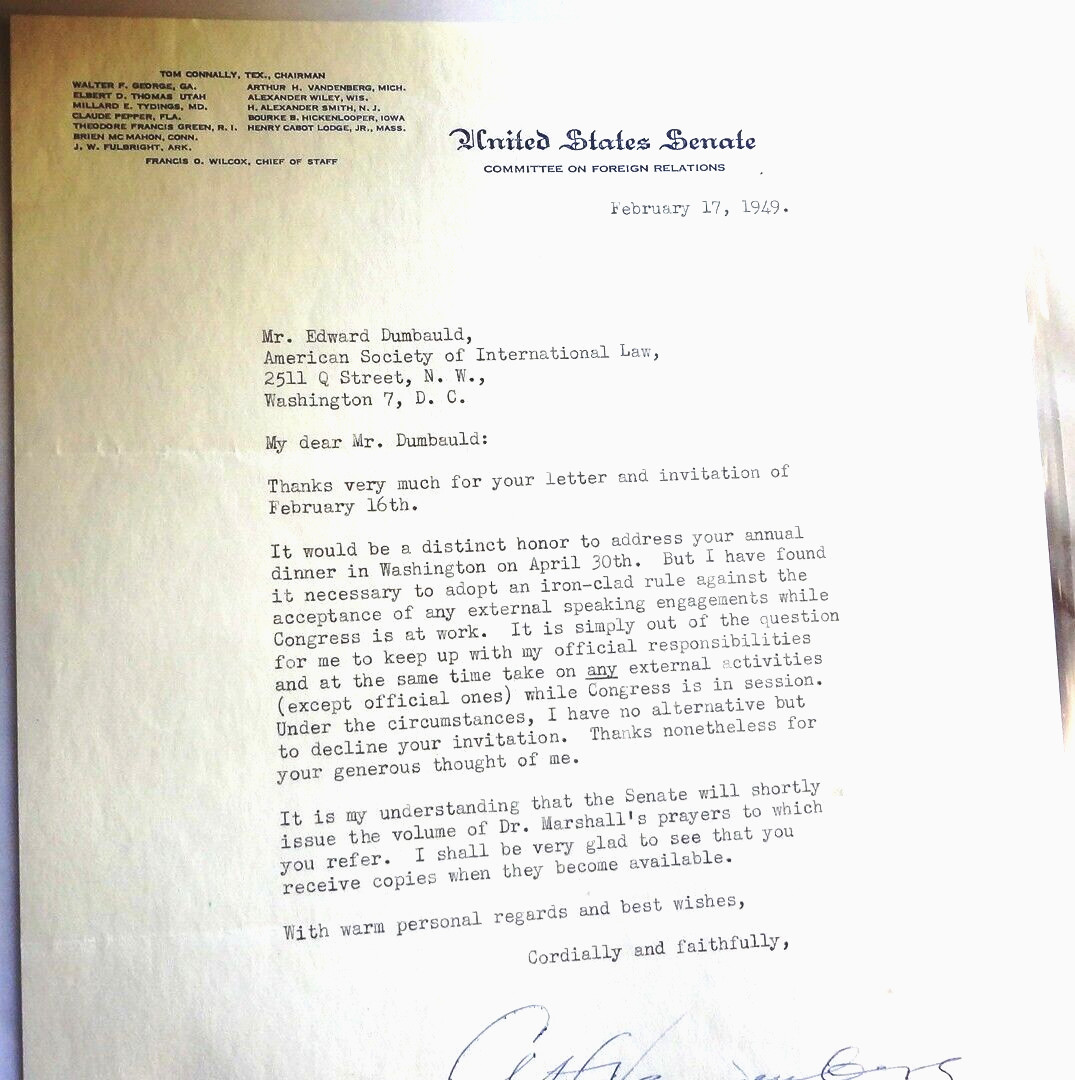 Historic Find~ 1949 U.S. SENATE FOREIGN RELATIONS LETTER to EDWARD DUMBAULD