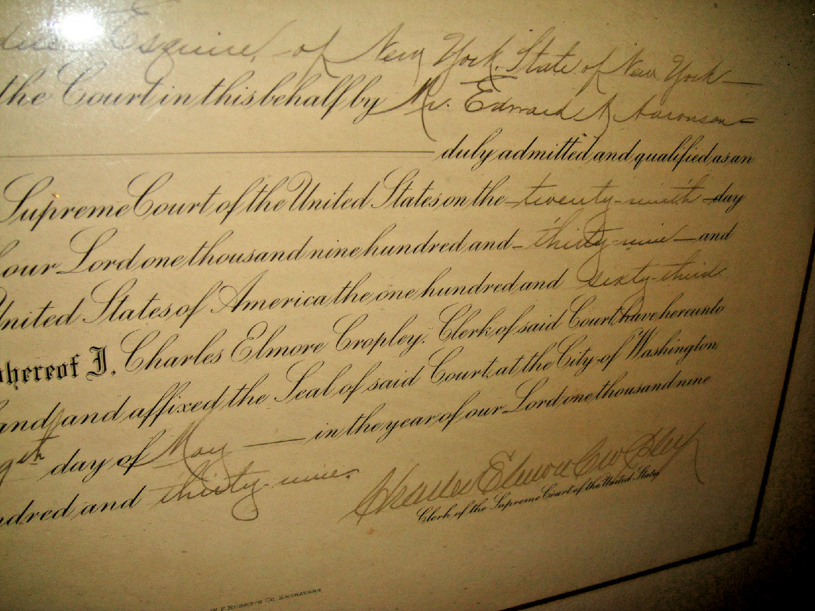 Antique U.S. Supreme Court Appointment Document New York 1930’S RARE Borduer
