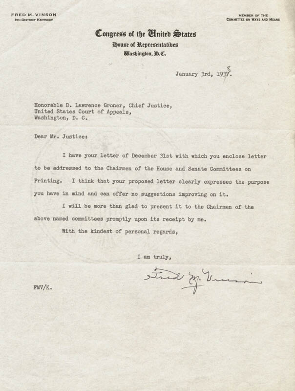 FRED M. VINSON – TYPED LETTER SIGNED 01/03/1938