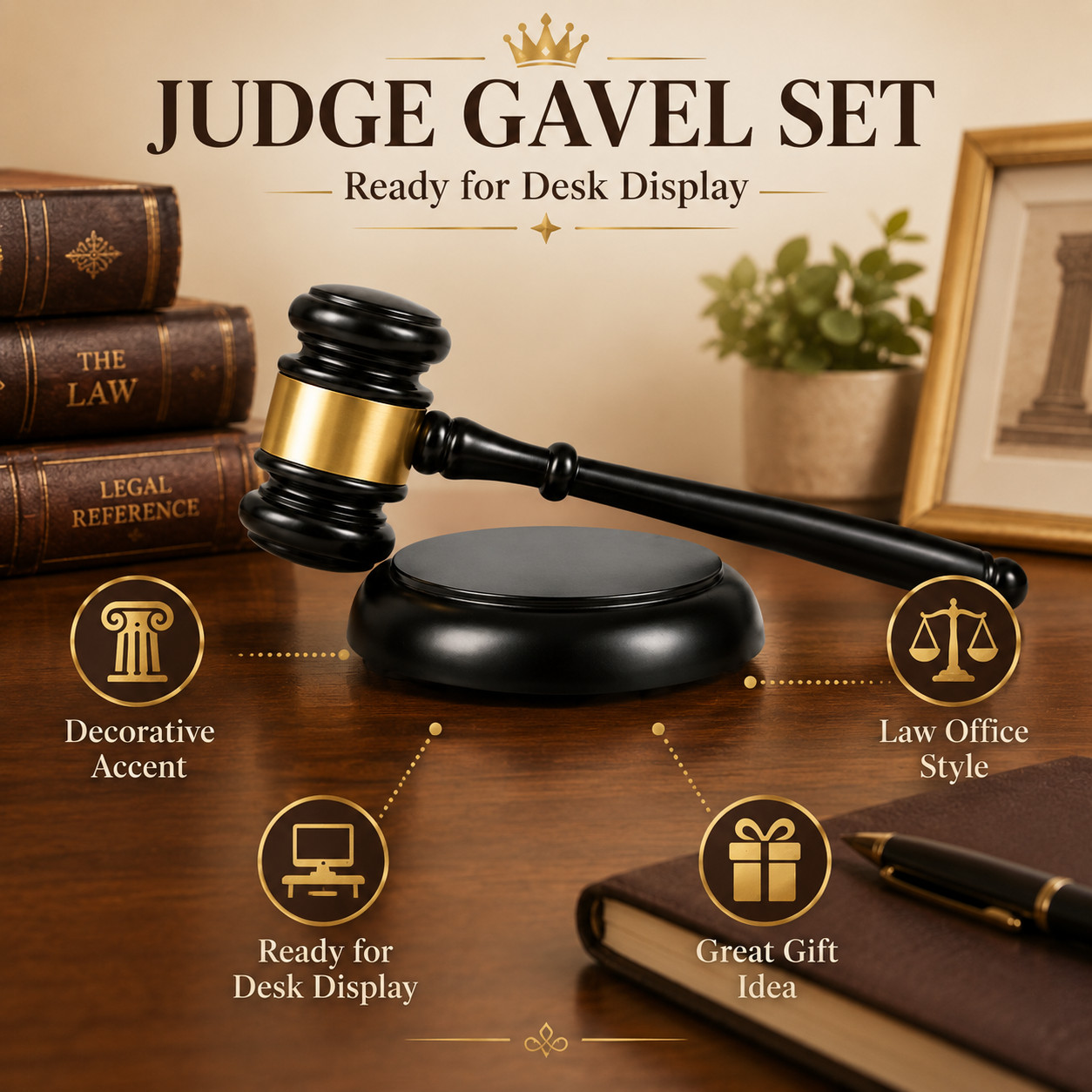 Classic Judge Gavel Set 1 Gavel 1 Base Black Gold Law Office Desktop Decor Gifts