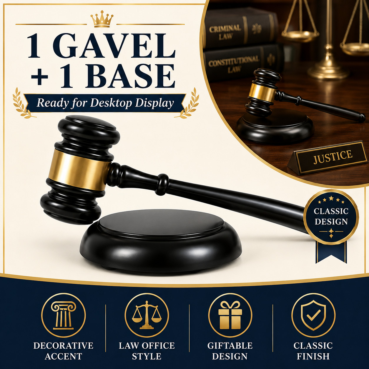 Judge Gavel and Base Set Black Gold Legal Theme Office Desk Decor Gifts Displays