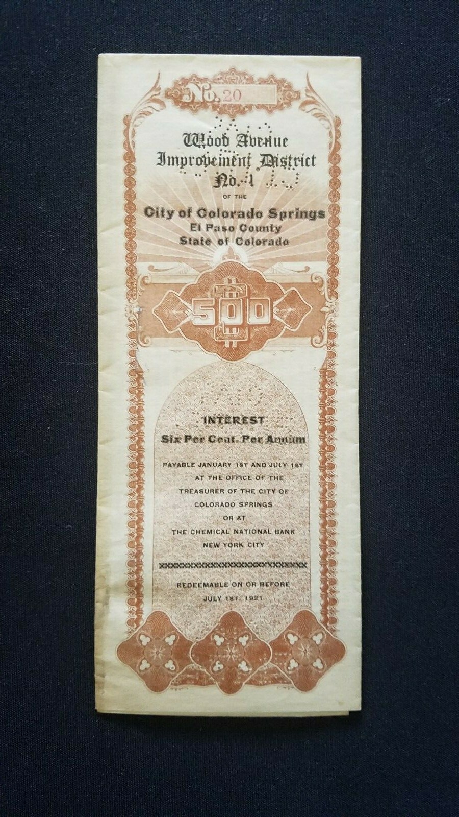 Colorado Springs, July 1910, Original $500 Bond Document