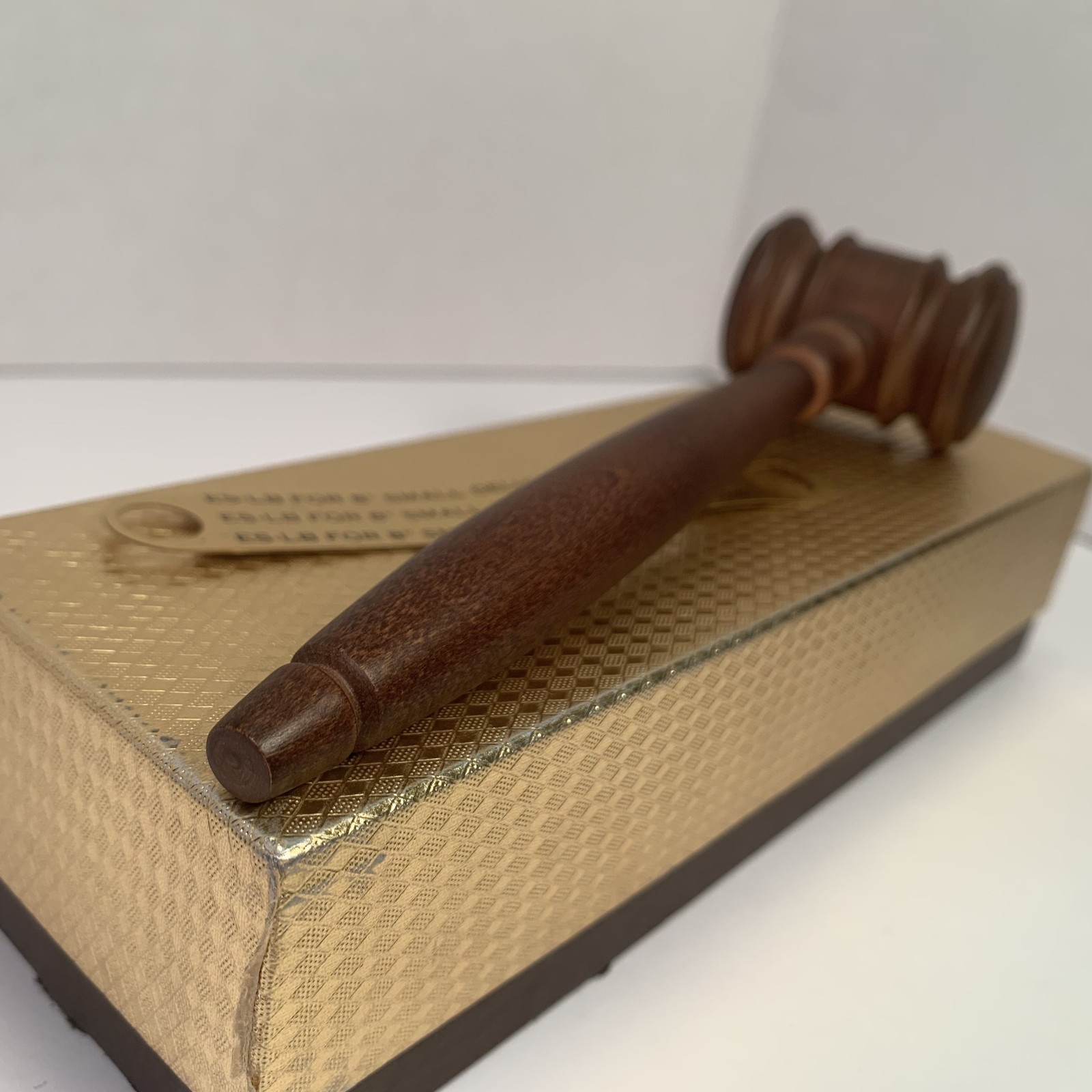 Vintage Solid Wooden Gavel Long Hand Turned Medium Brown Wood w brass ribbon