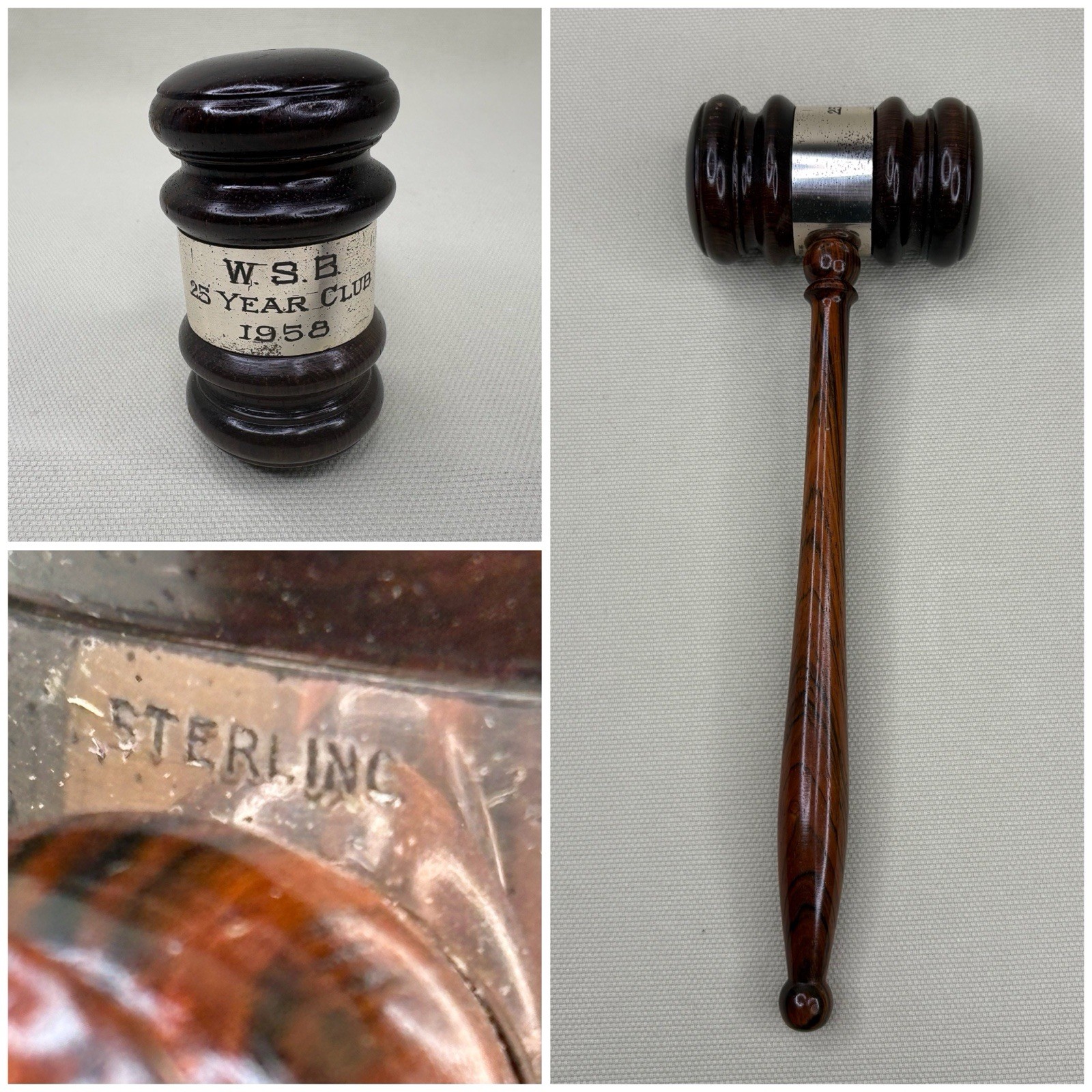 Vtg 1958 10 Inch Solid Rosewood Gavel w/ Sterling Silver Band • WSB 25 Year Club