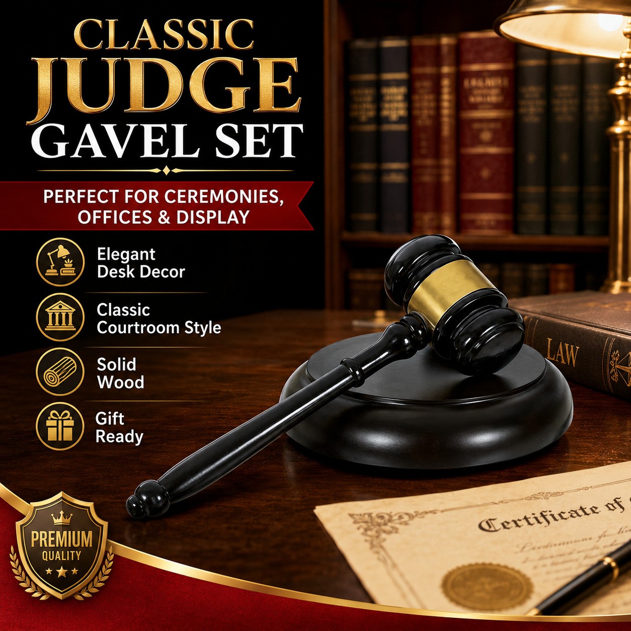 Wood Judge Gavel Mallet with Sound Block Base for Auction Courtroom Meetings