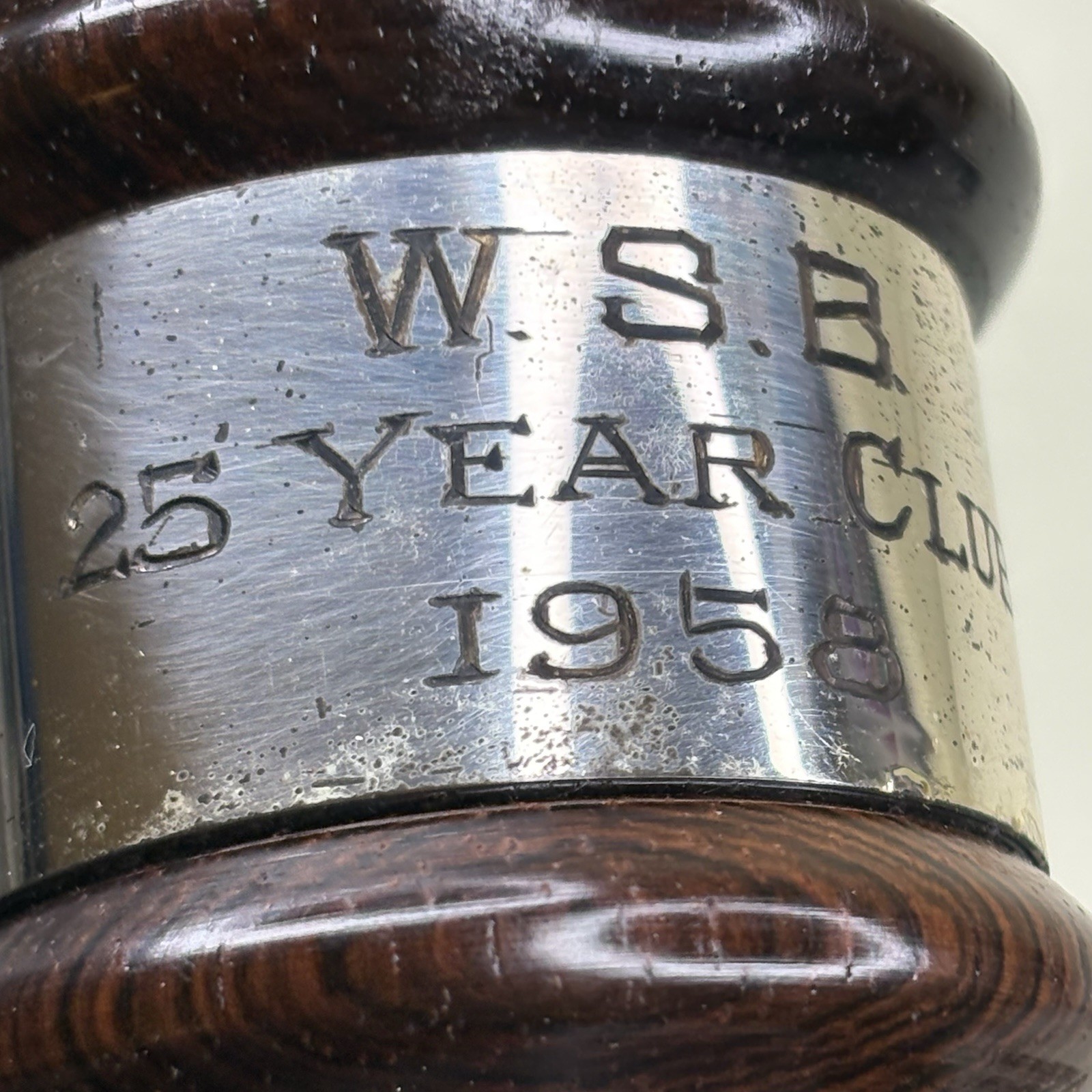 Vtg 1958 10 Inch Solid Rosewood Gavel w/ Sterling Silver Band • WSB 25 Year Club