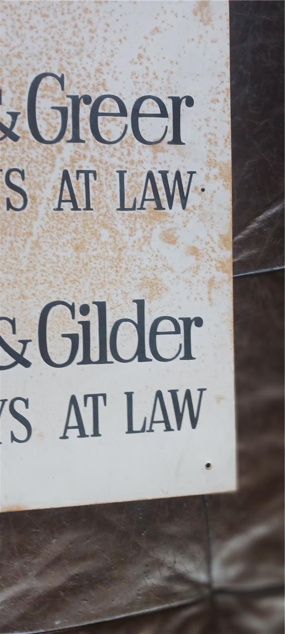 VINTAGE TULSA METAL SIGN ATTORNEYS AT LAW DON L GILDER JEFFERSONE G GREER