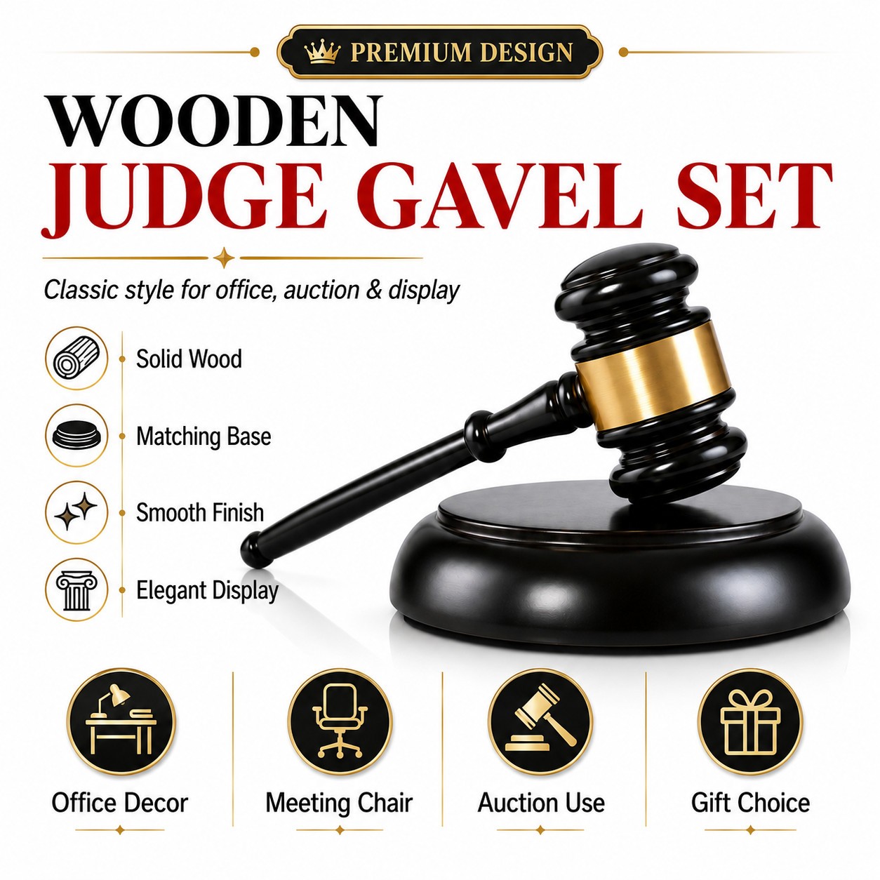 Premium Wooden Gavel Set with Matching Base, Black Gold Courtroom Decor Gift