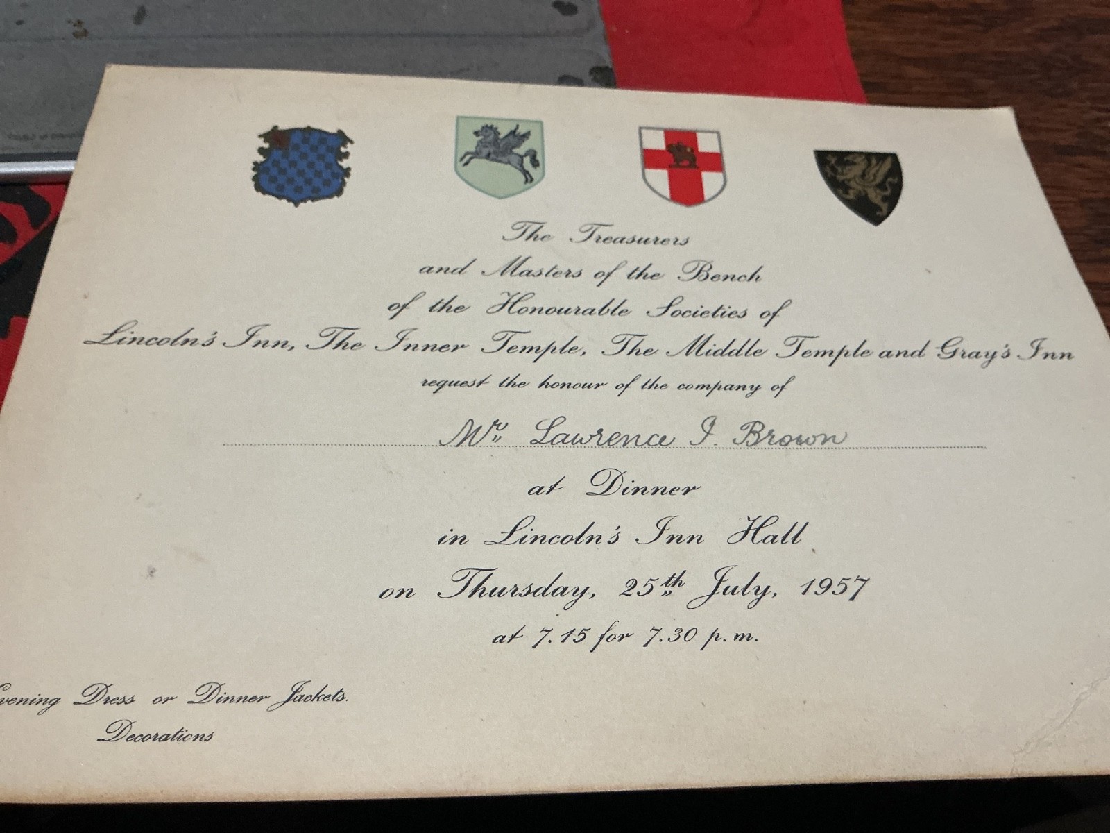Lincoln’s Inn, The Inner Temple, The Middle Temple, Gray’s Inn 1957 Dinner ABA