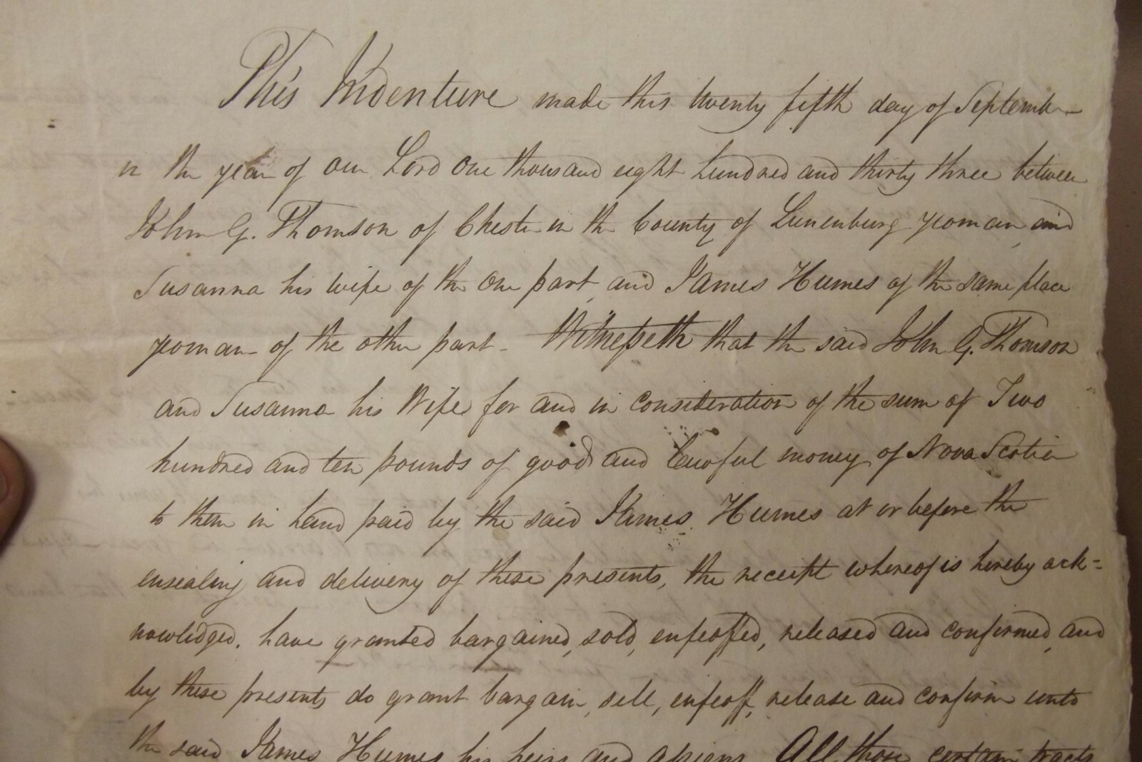 1833 Deed Thomson Hume Family Land Lunenburg Chester Nova Scotia Indenture
