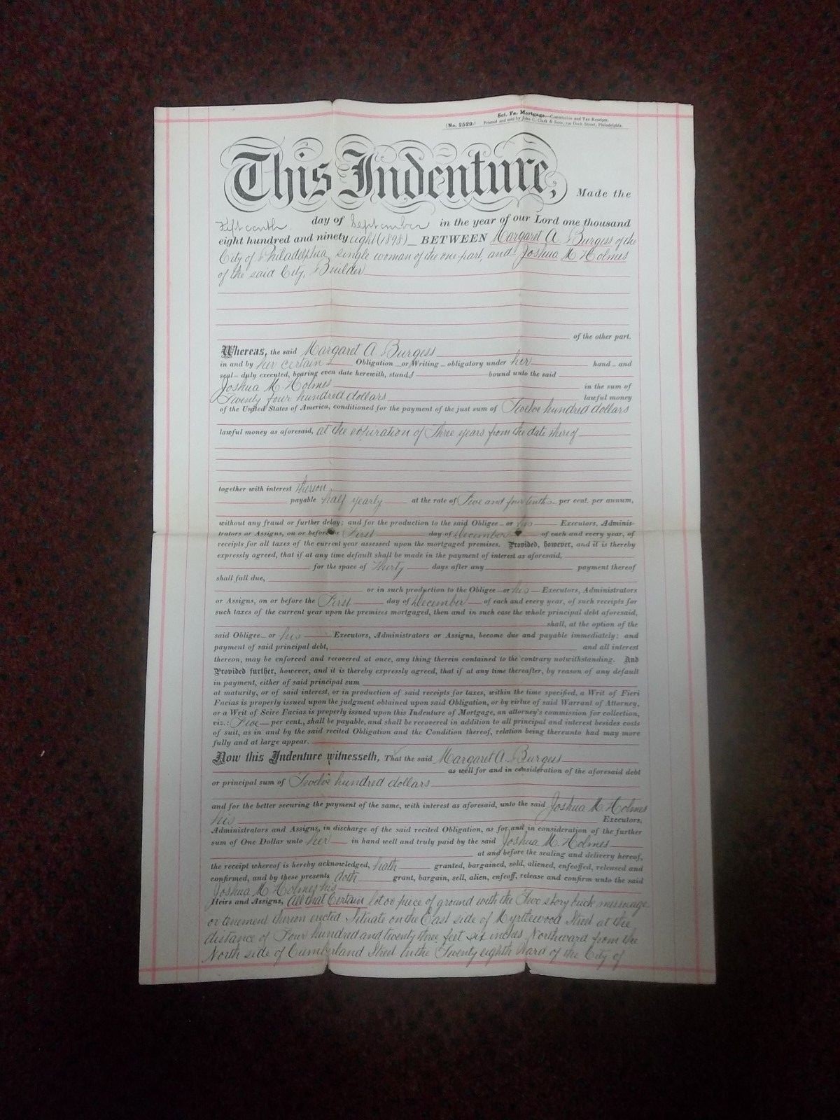 1898 Myrtlewood Street Philadelphia PA Mortgage Paperwork original