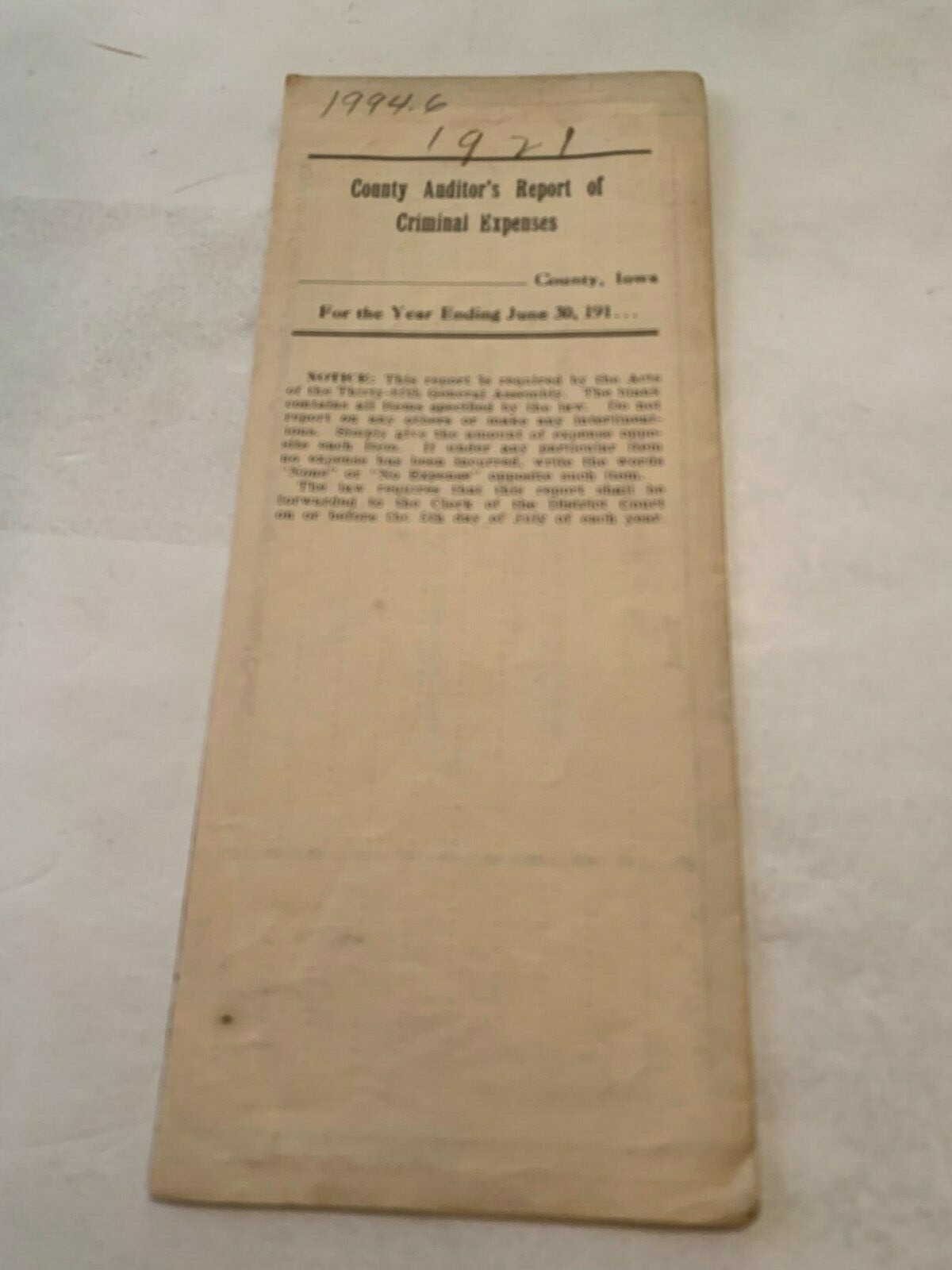 1921 County Auditors Report of Criminal Expenses Marshall County Iowa