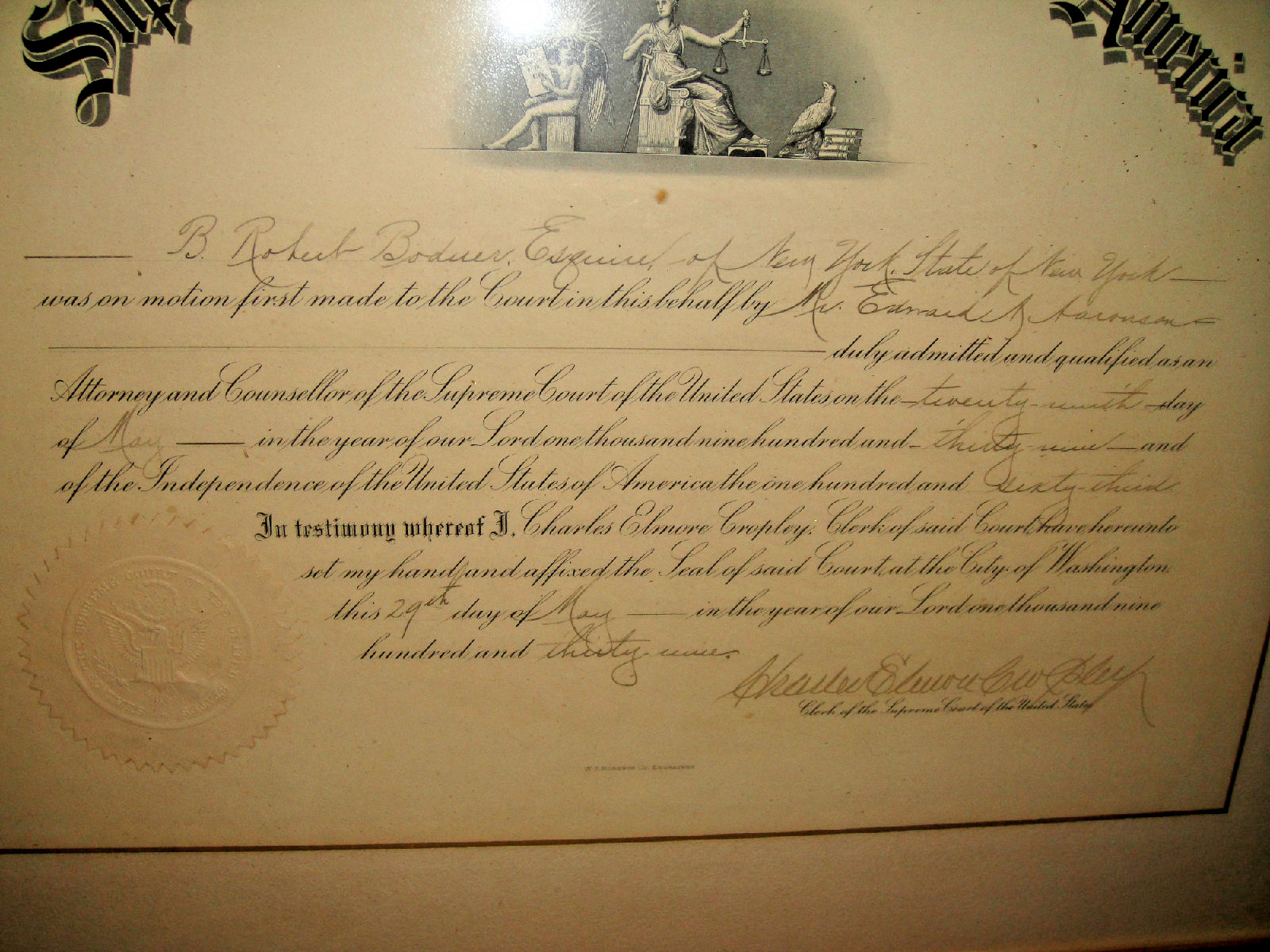 Antique U.S. Supreme Court Appointment Document New York 1930’S RARE Borduer