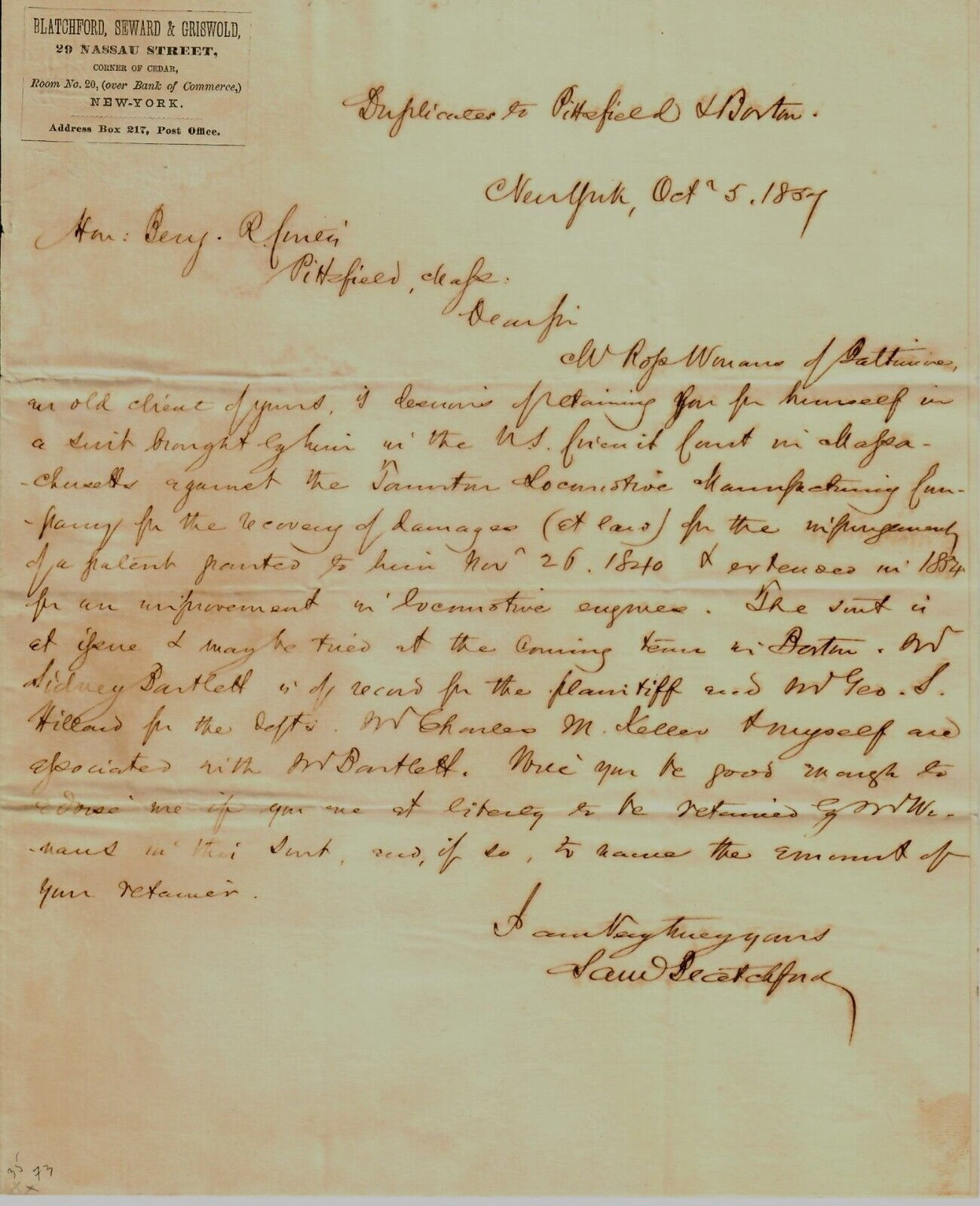 «19th Century Supreme Court Justice» Samuel Blatchford Hand Written Letter COA