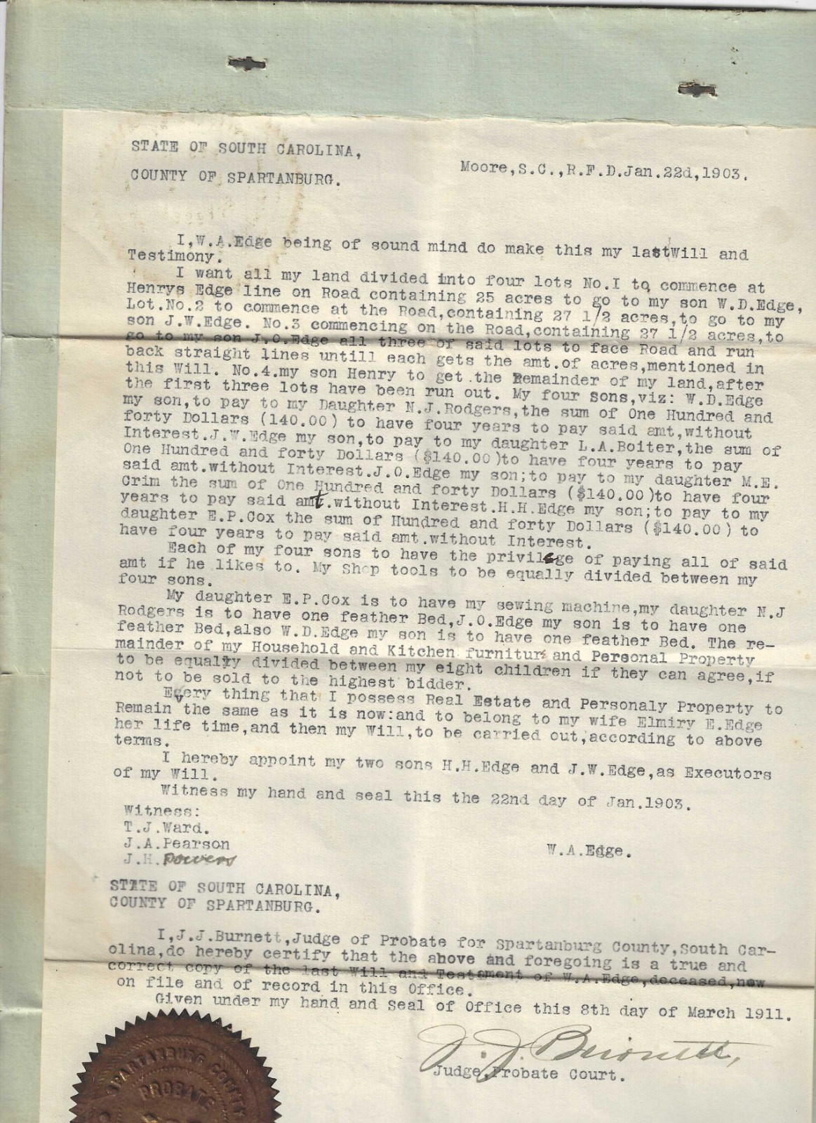 5 Vintage 1911 – 1949 STATE OF SOUTH CAROLINA Legal Documents: Will, Probate,