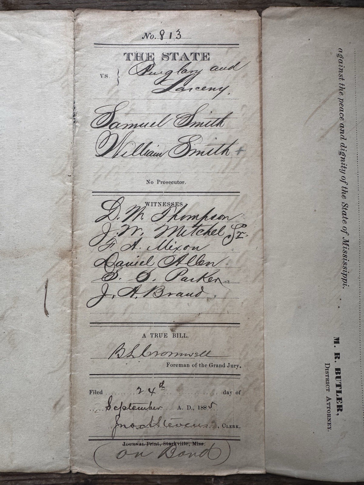 1885 Mississippi Circuit Court Indictment | Grand Jury Burglary Case | Original