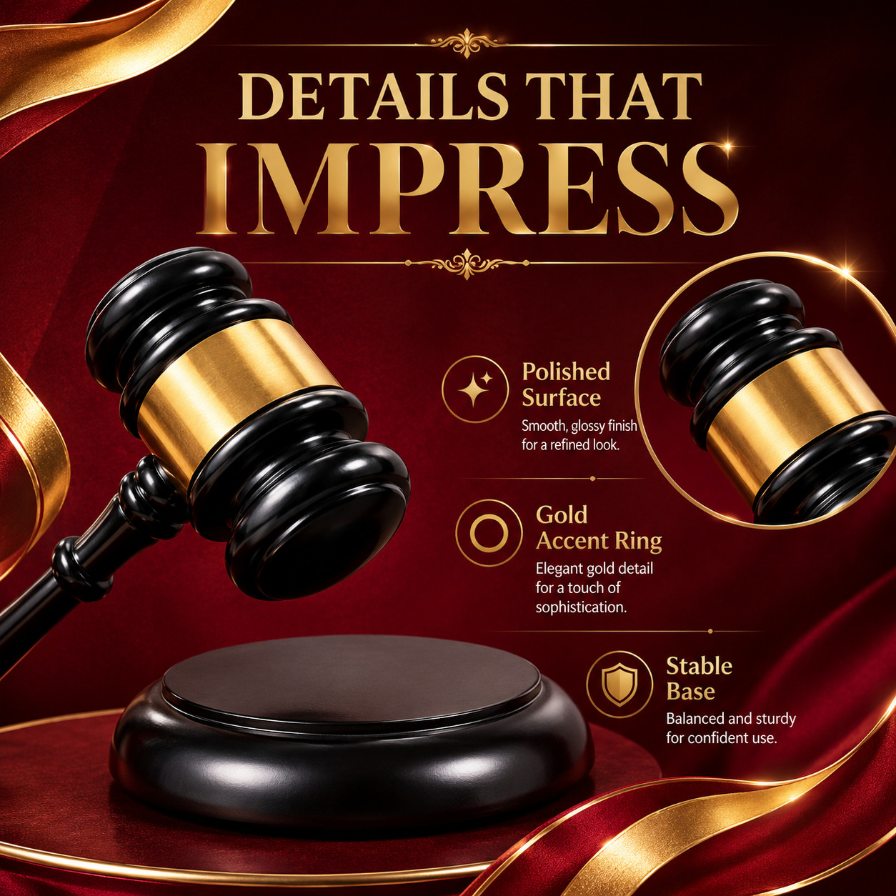 Premium Wooden Judge Gavel with Elegant Gold Accent Ring for Display and Decor
