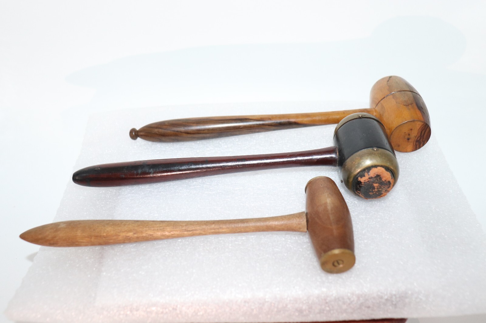 Antique Auctioneers Turned Wood Gavel Lot of 3 Brass, Leather, Wood