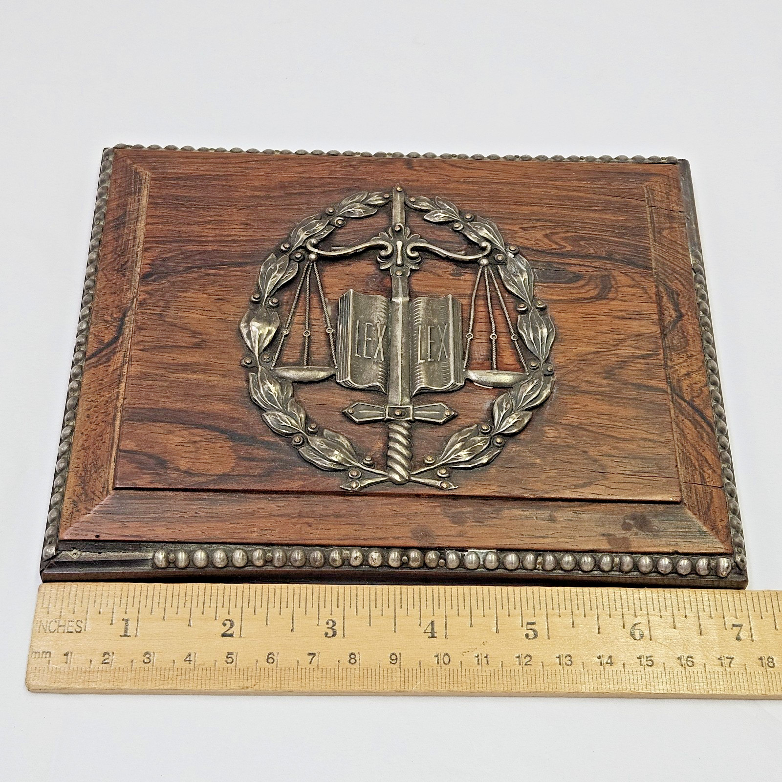Reclaimed Antique LEX Judge Legal Law Justice Scales Box Lid Wood Silverplate